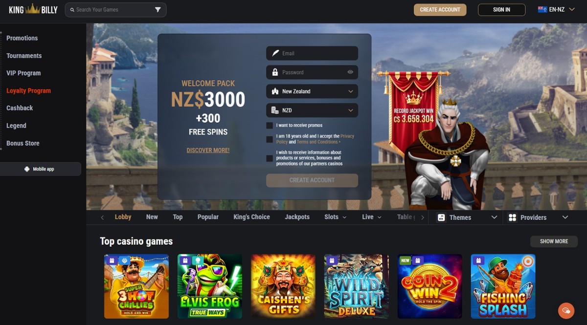 King Billy homepage showing the welcome bonus of $3,000 + 300 free spins
